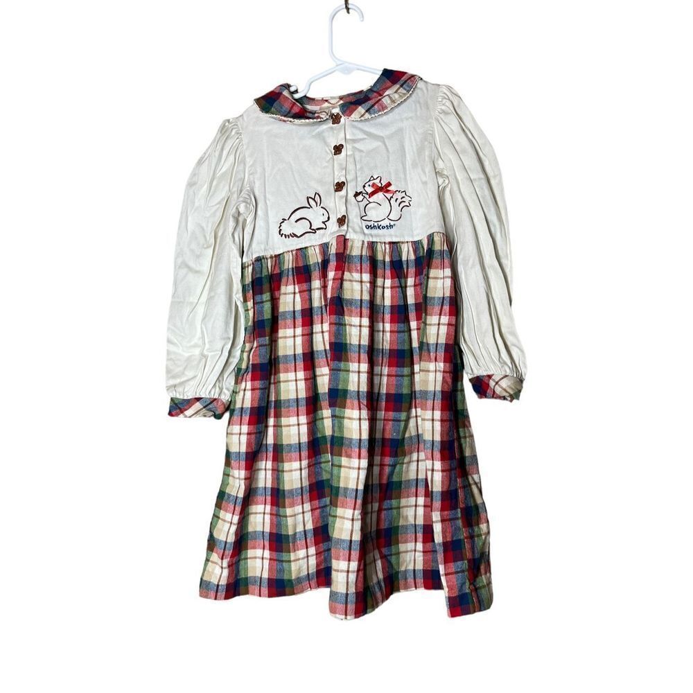 Vintage Oshkosh B’Gosh Girls Plaid Bunny Squirrel print Dress Size 6